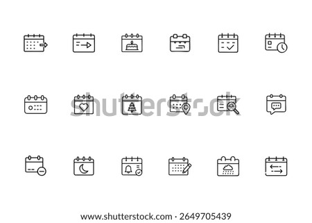 Line art calendar icons with various symbols including arrow cake heart tree bell more on