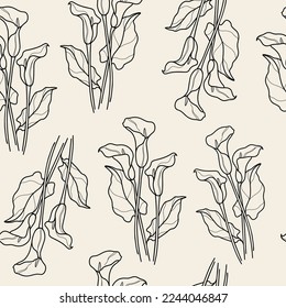 Line art cally lily flower seamless pattern