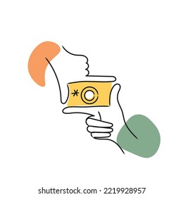 Line art of camera icon. Boho style concept art of fingers gesturing camera icon. Camera photography. Phone Camera minimal emblem. Feminine style flat vector. Social media icons. Instagram story pics 