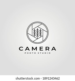 line art camera lens logo with pines symbol vector minimalist illustration design