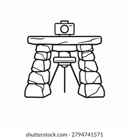 Line art of a camera mounted on a stone tripod