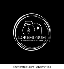 line art camera with note song and play image graphic icon logo design abstract concept vector stock. Can be used as a symbol related to photograpy or entertainment