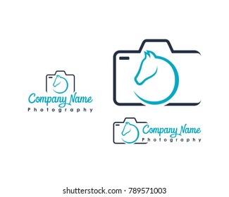 Line Art Camera Photography with Head Horse Illustration Symbol Modern Logo Company Vector Set
