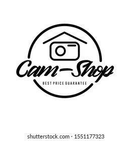 Line art camera shop logo vector with camera and house silhouette in circle frame isolated on light background can be used in any kind of business related to photography 