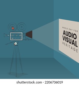 Line art of camera in vintage design with projecting text of world day for audio visual heritage