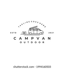 Line art Camper van logo, emblems and badges. camping tent and forest silhouette. Recreational vehicle illustration