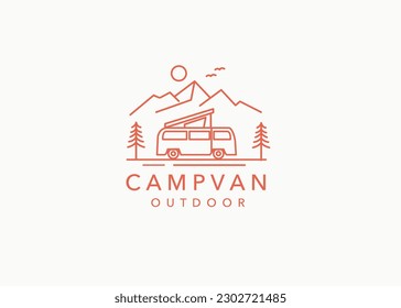 Line Art Camper van Logo, Embleme und Abzeichen. Campingzelt und Waldsilhouette. Illustration von Freizeitfahrzeugen