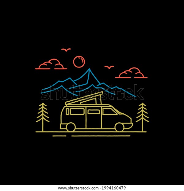 Line art\
Camper van logo, emblems and badges. camping tent and forest\
silhouette. Recreational vehicle\
illustration