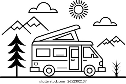 Line Art Camper Van com Montanha paisagem e Sun Vetor Ilustração