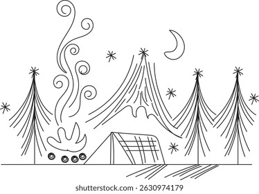 Line art camping scene with campfire, tent, and mountains.