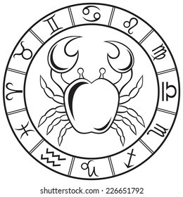 Line art  Cancer sign in the round zodiac frame. Vector Illustration  