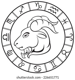 Line art  Capricorn sign in the round zodiac frame. Vector Illustration  