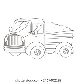 Line art car dump truck full of sand for delivery, pickup in black and white style for coloring book or logo, icon design