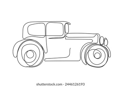 Icono de coche de arte de línea. Doodle Esbozo Una Línea Dibujado Símbolo Del Coche Silueta. Antiguas Auto Automobile Contour. Ilustración de coche retro. Dibujo de contorno moderno de Vector editable. Concepto de viaje de viaje. 