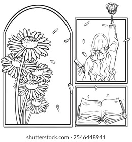 line art card with sun flowers and book vector illustration art