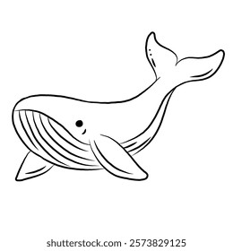 Line art cartoon blue whale isolated on white background. sea ​​animals