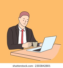 line art cartoon characters a business man sitting on a computer hand drawn illustration vector