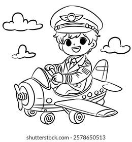 Line art cartoon of a child riding an airplane, pilot profession for kids. Vector illustration. Coloring book