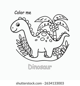 Line Art Cartoon Dinosaur with Tropical Plants, Palm Trees, and Flowers Coloring Page