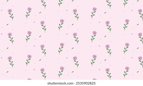 line art cartoon flower with leaf seamless pattern in pink background for fabric print, paper print, social media, party print or any use. pink flower doodle