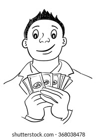 Line art cartoon of a man holding money