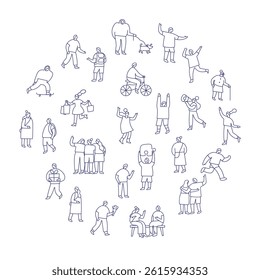 Line art cartoon people bundle isolated on white background. People crowd