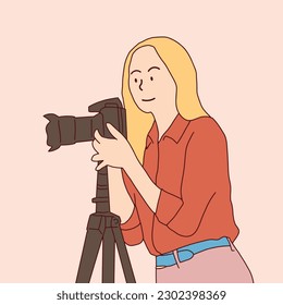 line art cartoon professional freelance photographer character woman holding camera illustration vector hand drawn