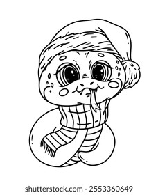 Line art cartoon snake symbol of the New Year. Christmas coloring page. 