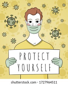 Line art cartoon style man in medical protective mask and gloves standing with sign "protect yourself" with many  viruses around him