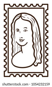 Line Art Cartoon Vector Illustration. Postage stamp with the image of Mona Lisa