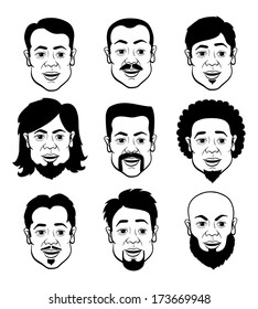 Line Art Cartooning Faces of the Man with Different Hairstyles - Black and White Set of Illustrations
