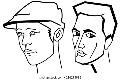 Rostros de dibujos animados en línea del hombre, conjunto de ilustraciones en blanco y negro