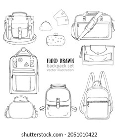 Line art casual bags collection. Casual bags with pockets and zippers, handles and adjustable shoulder straps. Hand drawn vector icons set isolated on white background.