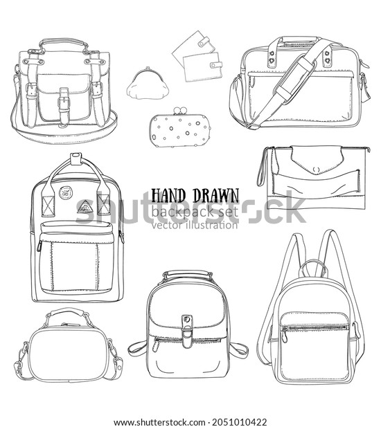 Line art casual bags\
collection. Casual bags with pockets and zippers, handles and\
adjustable shoulder straps. Hand drawn vector icons set isolated on\
white background.