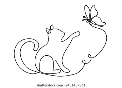 Line Art cat and Butterfly Icon. Doodle Sketch Line Art Cat Mascot Silhouette. Simple Outline Kitty Domestic Animal Illustration. Vector Editable Thin Stroke Symbol. 