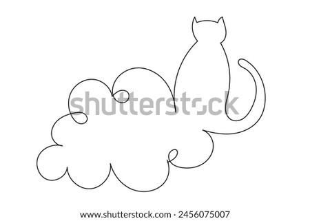 Line Art Cat and Cloud Illustration.  Doodle Simple Contour Outline Sketch Isolated on White. Cat Symbol Mascot Romantic Dreamy Character Lookin on Abstract Star. Domestic Pet Love Theme Concept