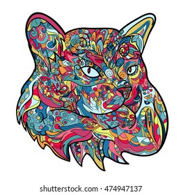 Arte de línea de gato con colorear sobre fondo blanco, dibujo dibujado a mano con doodle, zentangle, Elementos florales.