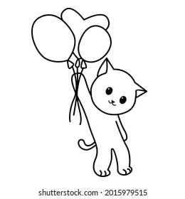 Line art cat flying with balloon cartoon illustration