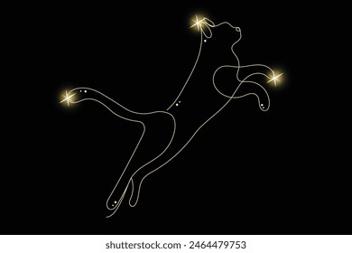 Line Art Cat with Gold Glitter Stars. Luxury Rich Glamour Invitation Card Template. Line Art Cat Animal Isolated on Black. Shine Gold Light Texture Effect. Glowing Blink Star Symbol Element Gift.