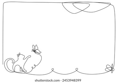 Line Art Cat Playing with Butterfly Frame. Contour Black Isolated on White Border. Sketch Simple Cute Scene. Domestic cat Animal Life Theme. Cute Small Cat Frame Border. 