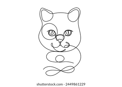 Line Art Cat Portrait. Detective Cat. Domestic Adorable Cat Pet Animal Line Drawn Icon. Cat  Curve Line Isolated On White Funny Mascot Symbol Advertising Design Vector Editable Element