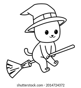 Line art cat riding flying broom cartoon illustration