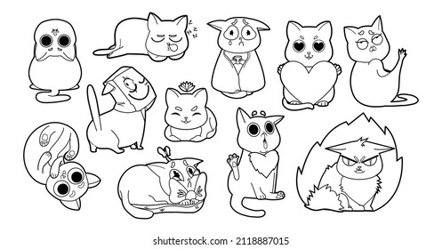 Line art cat sticker set. Bundle of adorable pet animals hand drawn with contour lines on white background. Funny outline cartoon character