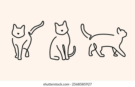 Line art cats icons, minimalist line illustration set, vector hand drawn drawing, cute heart paws love animals, pet store visual design veterinarian, vet domestic pet cat, kittens simple outline