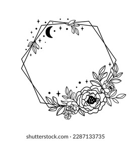 Line art celestial frame with floral bouquet, stars moon. Outline black geometric frame decorated leaves. Vector botanical graphic element. Esoteric linear illustration for wedding card, invitations.