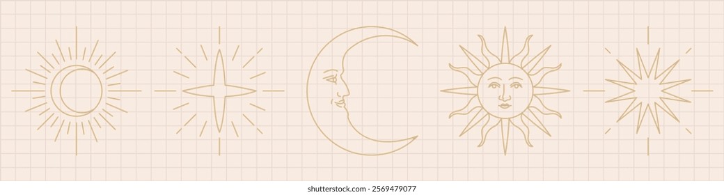 Line art of celestial symbols: crescent moon, stars, and sun. Minimalist celestial design with moon, stars, and sun on a grid background. Doodle element vector set.