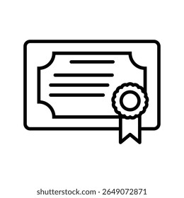 Line art certificate with seal and ribbon on white background is presented in minimalist style, conveying achievement and accomplishment suitable for educational or professional designs.