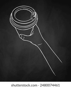 Line art Chalkboard drawing vector top view illustration of hand holding disposable paper coffee takeaway cup