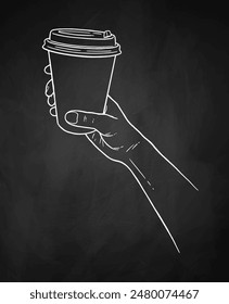 Line art Chalkboard drawing vector illustration of hand holding disposable paper coffee takeaway cup