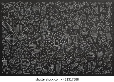 Line art chalkboard vector hand drawn doodle cartoon set of ice cream objects and symbols